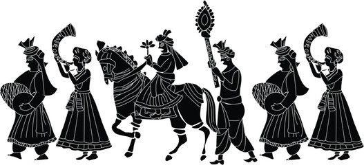 Indian traditional procession, musicians, horseman, and standard bearer in black silhouette art isolated on transparent background, Vector
