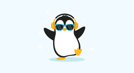 Obraz premium A cheerful cartoon penguin with sunglasses and headphones, dancing in a snowy scene, showing enjoyment and fun on a light blue background.