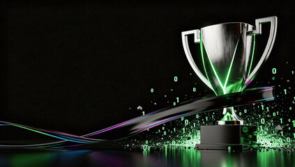Futuristic Silver and Neon Green Digital Trophy with Binary Code Stream and Flowing Tech Ribbon on Dark Background 3D Render
