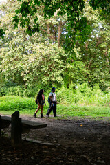 Obraz premium Couple hiking through nature exploring green forest path
