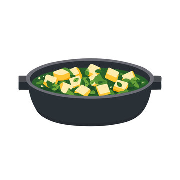 Saag Paneer illustrated in a clean 2D flat vector style, minimal and modern, isolated on a white background.