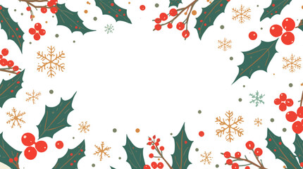 Vector illustration of a Christmas holiday background with a flat design style, featuring vibrant colors and simple shapes, including snowflakes, holly leaves