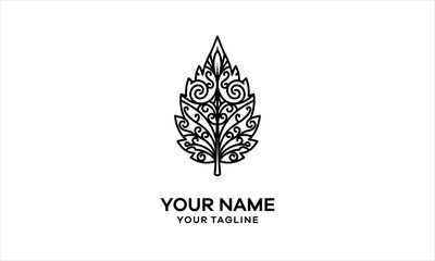 Intricate black and white vector logo featuring a stylized leaf filled with elegant swirling patterns and traditional motifs.