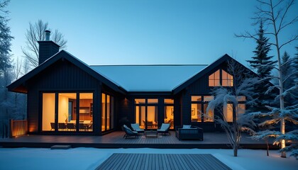 Old blue house architecture with a wood roof and garage on the rural beach landscape at night