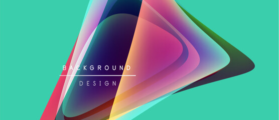 Abstract design features layered shapes, vibrant colors, turquoise background. Modern aesthetic, dynamic composition, text elements present.