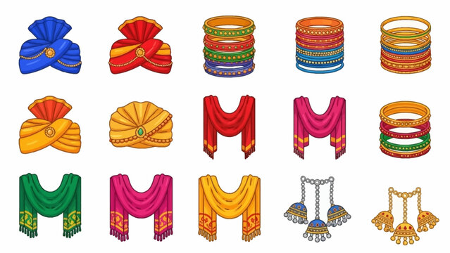 Image depicts Indian traditional wear including turbans dupattas bangles and earrings