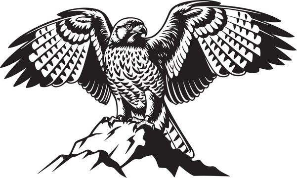 Black silhouette of a falcon perched on a rock with wings spread