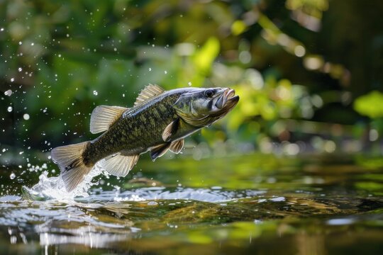 Smallmouth bass leaps into the air, creating a splash as it breaks the surface of a freshwater lake, surrounded by lush green foliage