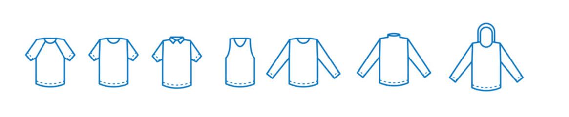 Collection of nine hand drawn black and white line art illustrations of various t shirt styles and a hoodie, vector illustration.