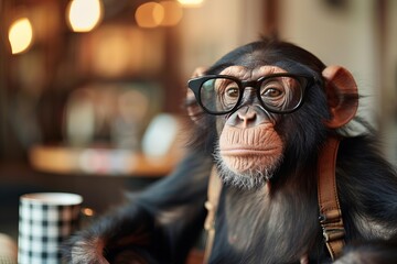 Chimpanzee wearing eyeglasses and suspenders enjoys a moment in a cafe