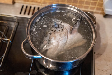 Cooking a fish in boiling water on a stove in a kitchen setting during daytime