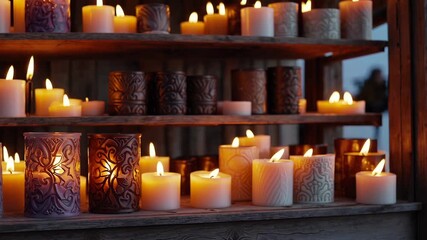 Warm glow of flickering candles on rustic wooden shelves at twilight - Powered by Adobe