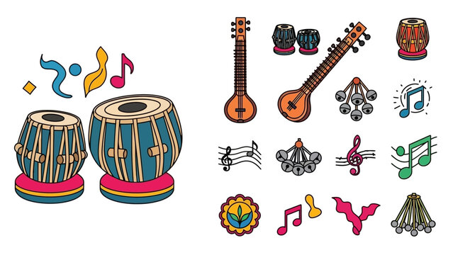 Illustrated Indian musical instruments  symbols tablas sitars tanpura bells and notes on a white background