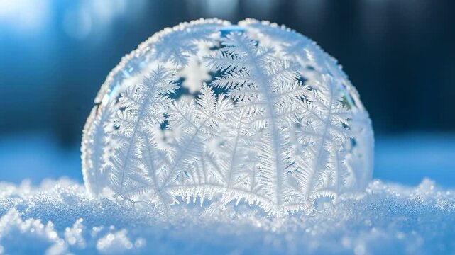 Macro Science Shot of Soap Bubble Freezing with Growing Ice Crystal Fractals, Iridescent Rainbow Colors on Snow, Winter Nature Phenomenon, 4K.