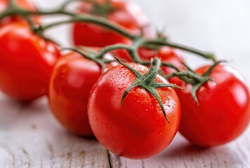 Fresh Cherry Tomatoes on Vine with Water Droplets against White Wooden Background
