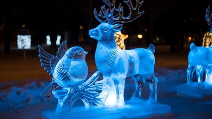 Illuminated Ice Sculptures of a Bird and Deer in a Snowy Park at Night