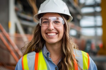 Portrait of a cheerful female engineer wearing safety glasses and a hard hat, showcasing confidence and expertise in an industrial setting