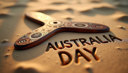 Wooden boomerang and sand text design for Australia Day celebration