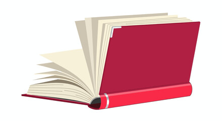 Open red book with fanned pages, an illustration of knowledge.