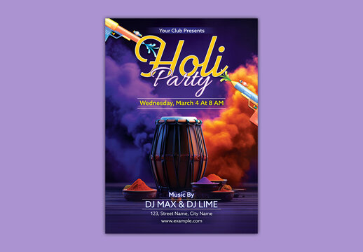 Editable Holi Celebration Party Flyer Template with Color Powder, Water Guns and Dhol Instrument on Vibrant Purple Festival Background.