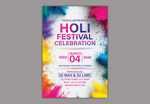 Editable Holi Festival Celebration Flyer Template with Colorful Powder Splash on White Textured Background.