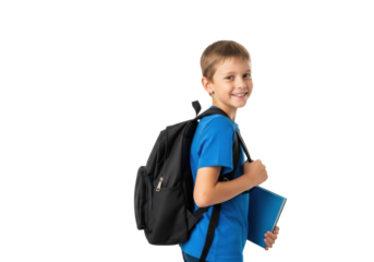 Young caucasian schoolboy, 7, in blue t-shirt, holding a blue book and black backpack, smiling excitedly while turning against a transparent background with copy space. Concept of fresh school start