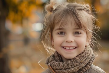 Fototapeta premium Adorable preschooler enjoying a beautiful fall day outdoors, radiating happiness and warmth