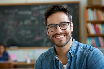 Happy male teacher smiling in a classroom with a blackboard and bookshelves in the background