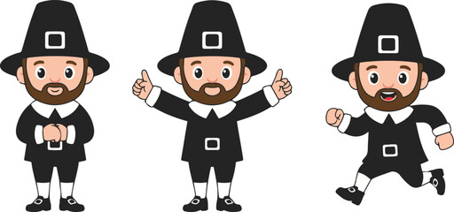 A set of three cute vector illustrations featuring a bearded Pilgrim man character in traditional black attire, depicted standing politely, giving two thumbs up, and running energetically.