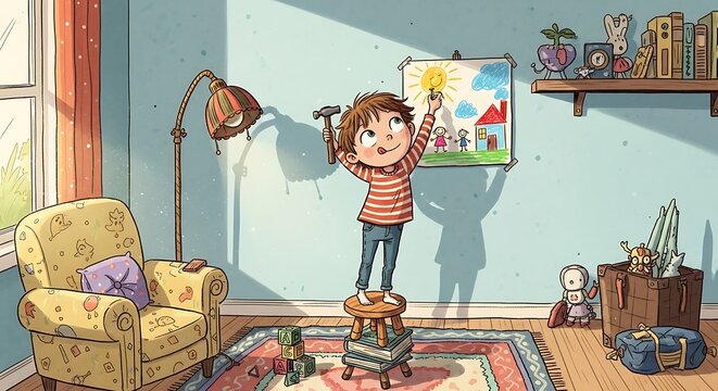 Young girl standing on stool holding hammer in a brightly lit room.