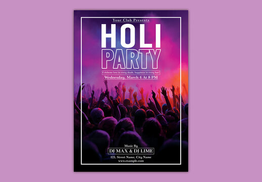 Editable Holi Party Flyer Template with Silhouette People Celebrating Color Festival on Vibrant Background.