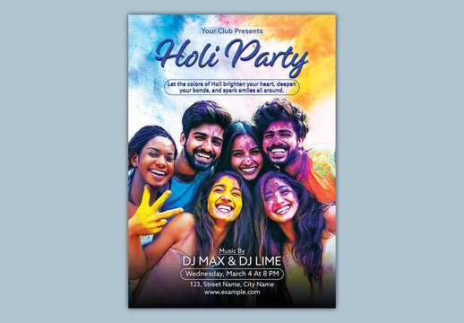 Editable Holi Celebration Party Flyer Template with Happy Indian Friends Covered in Color Powder on Bright Festive Background.