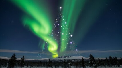 Christmas Tree Silhouette Against the Aurora Borealis and Starry Sky