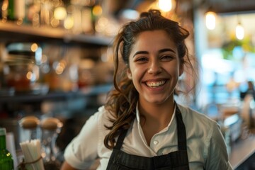 Portrait of a young barista smiling in a bar restaurant