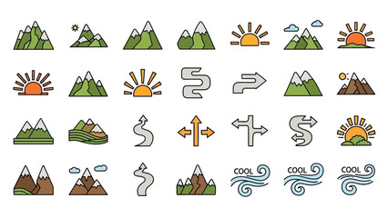 Grid presents stylized mountain and sun icons plus road and weather graphics