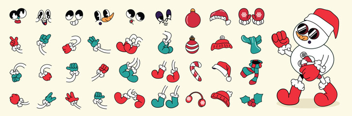 Fototapeta premium Christmas cartoon character element vector illustration with expressive faces, hands, arms, legs, winter accessories, snowman parts and festive holiday decorations. 
