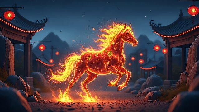 Glowing Fire Horse Running Through a Traditional Chinese Gate at Night