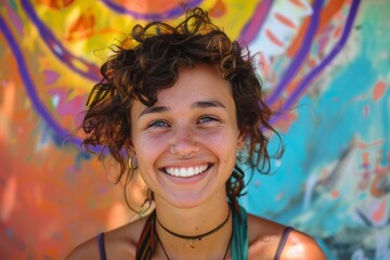Portrait of a cheerful young woman with curly hair, nose piercing and earrings, smiling against a vibrant graffiti wall