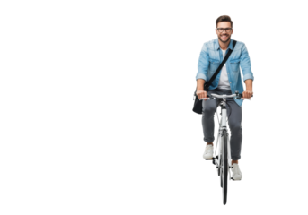 Cheerful late 20s caucasian man smiling, wearing glasses and a denim shirt, posed on a white city bike against a white studio background with copy space, healthy urban commuting concept