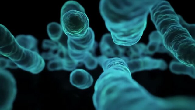 Close Up View of Blue Bacteria Flowing in Liquid Under Magnification.