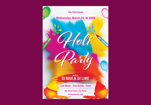 Editable Holi Celebration Party Flyer Template with Color Splash Background and Festival Elements.