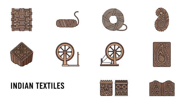Textile icons featuring weaving spindles paisley pattern stamps and yarn rolls