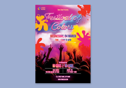 Indian Festival of Colors, Editable Holi Celebration Flyer Template with Silhouetted People Celebrating Festival and Color Festival Background.