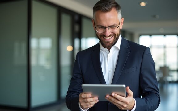 Happy middle aged business man. Ceo wearing suit standing in office. Man using digital tablet. High quality - Powered by Adobe