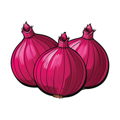 Red onion vector illustration: whole bulb and half-cut slices of fresh, raw, purple vegetable on a white isolated background