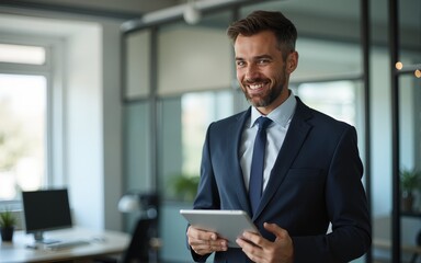 portrait of professional businessman standing in office. Happy middle aged businessman ceo wearing suit standing in office using digital tablet. High quality