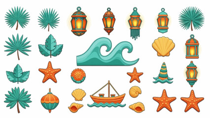 An arrangement of coastal icons leaves lanterns sea waves starfish shells and a small boat