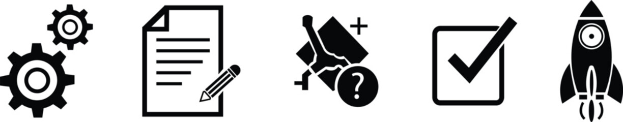 Project development and startup launch icon set. Gear setting, contract document, problem solving, checkmark approval, and rocket ship vector.
