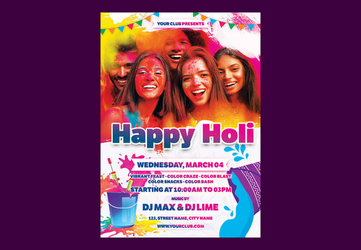 Editable Happy Holi Celebration Flyer Template with Happy Indian People Covered in Color Powder, Colorful Bucket, Color Guns Illustraions and Event Details on Vibrant Festival Background.