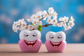Obraz premium Two smiling teeth holding spring flowers promote healthy gums and teeth